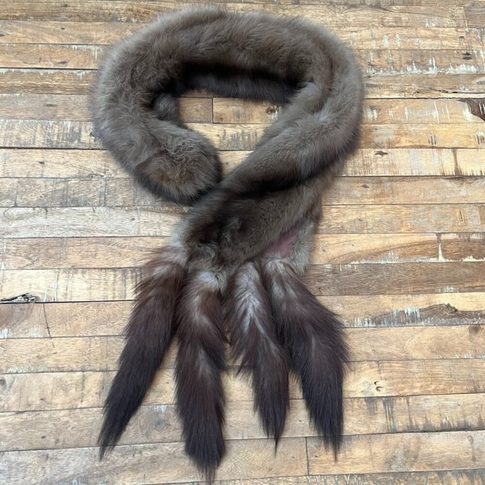 Genuine Sable Fur Tie Scarf Neck Wrap Luxury Brown 4 Tails Velvet Lined